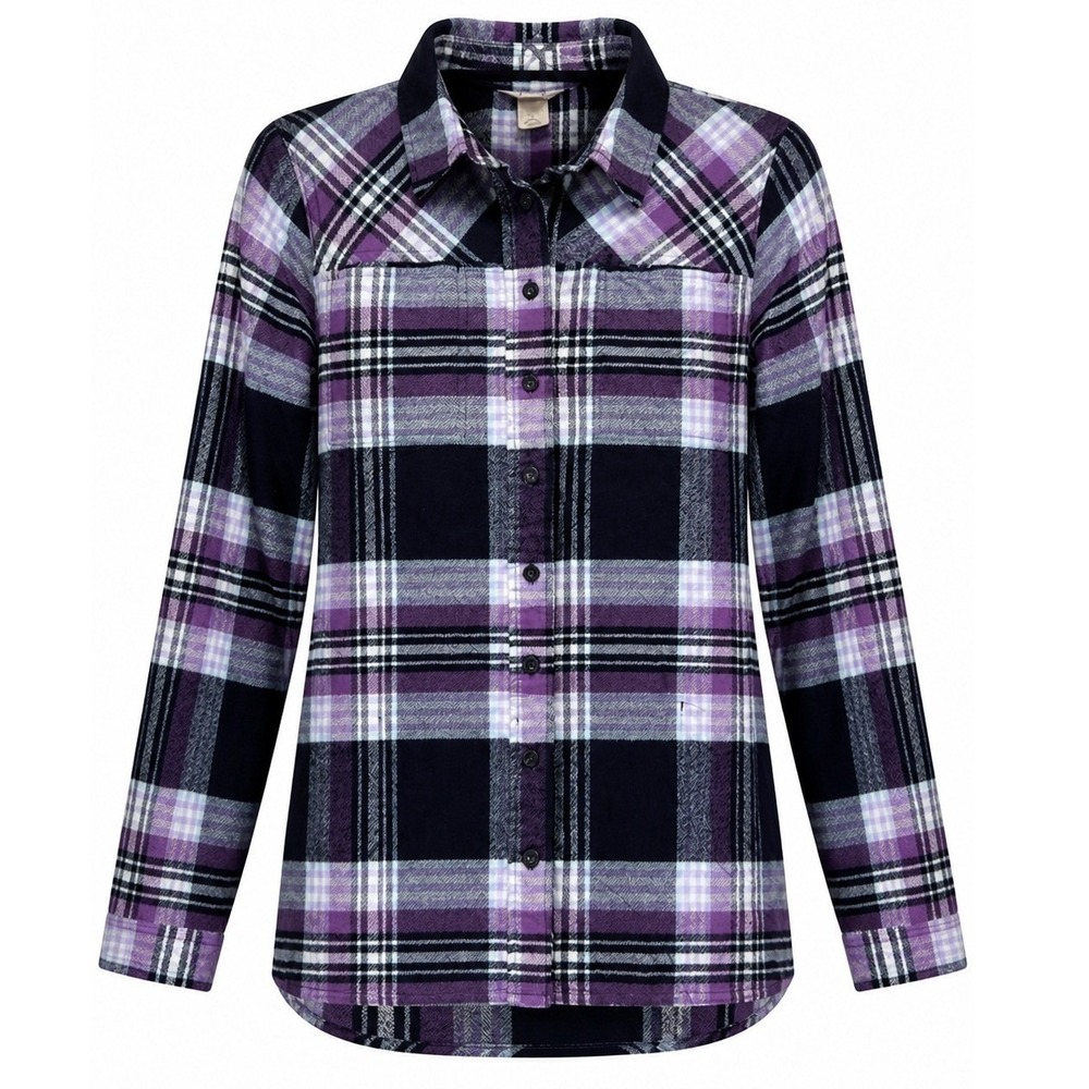 Duluth Trading Co Folklore Flannel Shirt Womens L Purple Plaid Outdoor Gorpcore